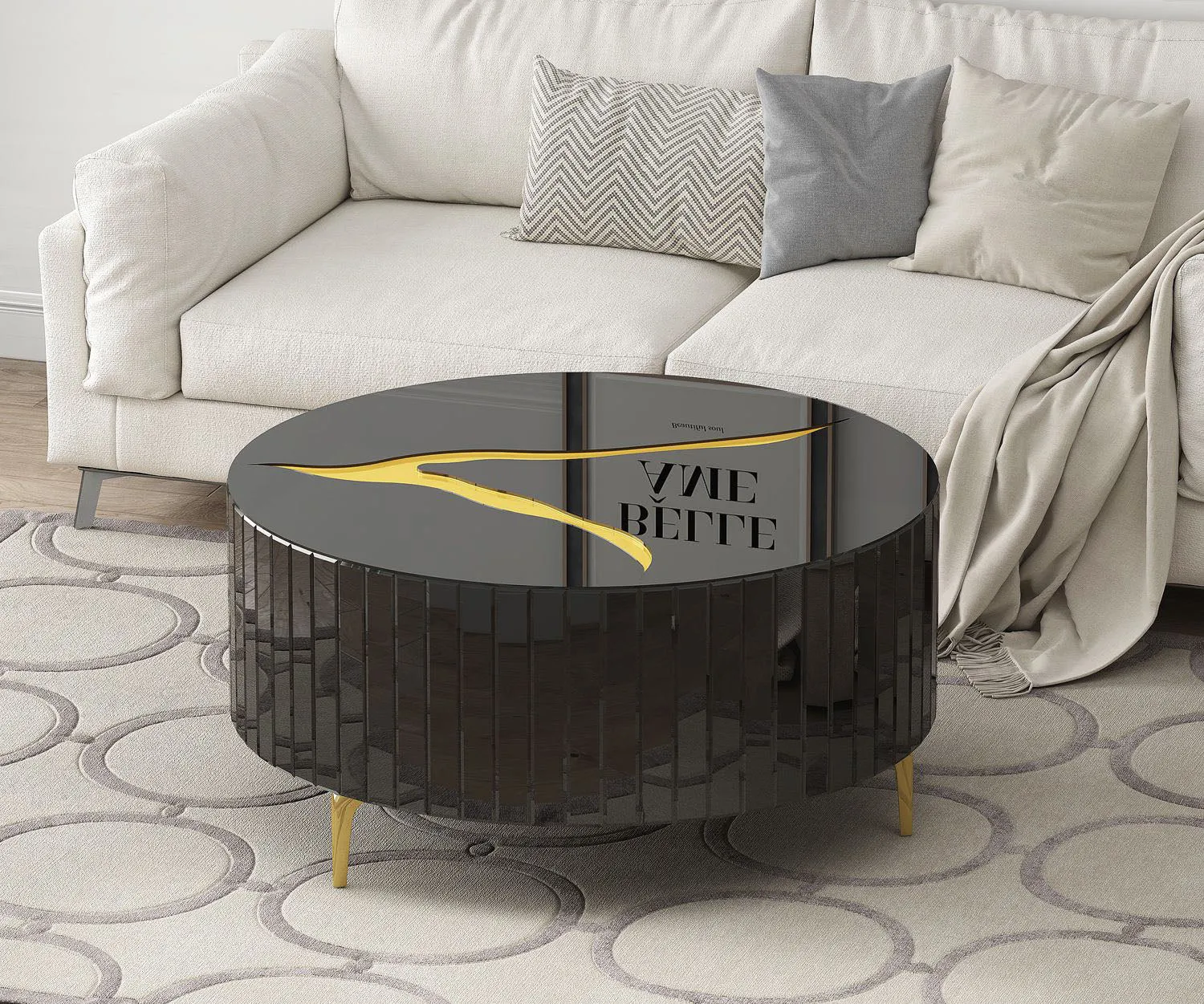 Black Modern Round Coffee Table with Gold Accent Design