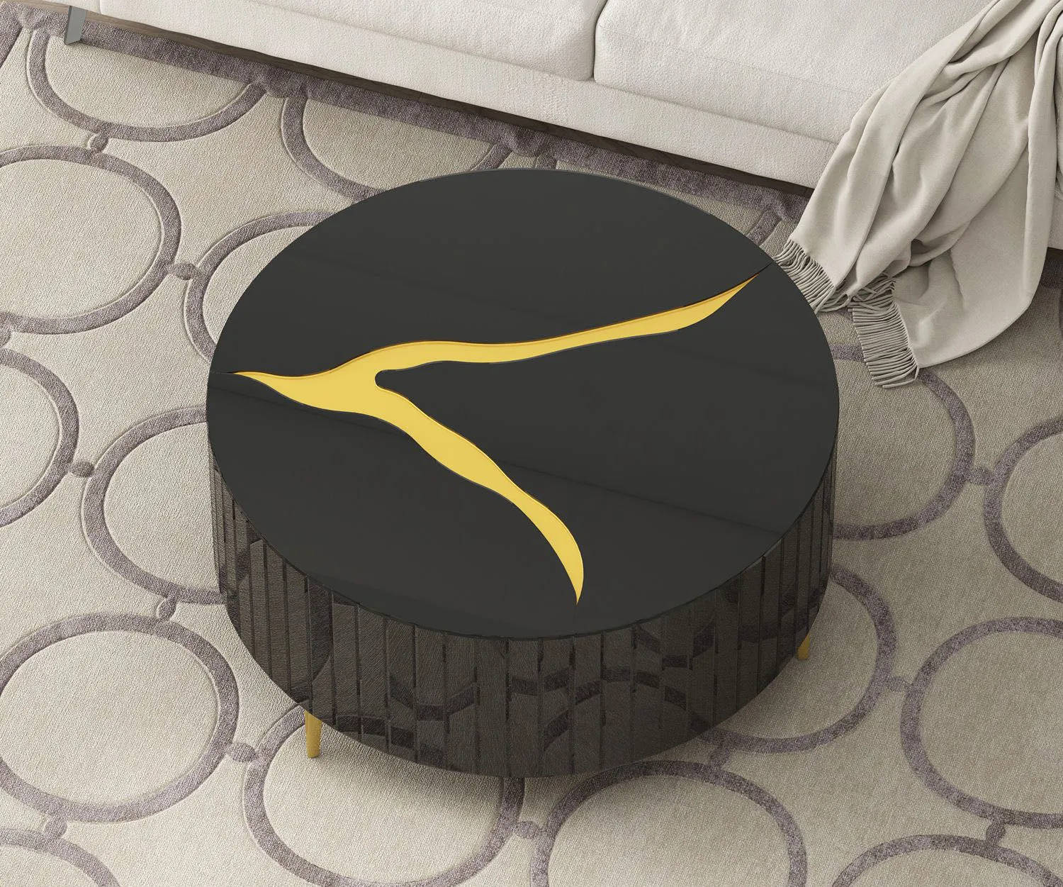 Black Modern Round Coffee Table with Gold Accent Design