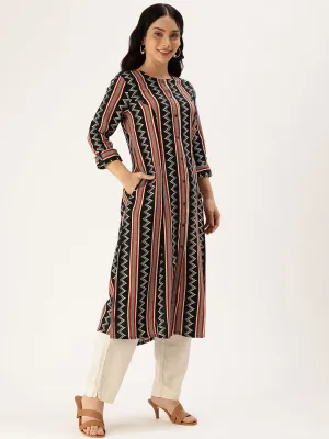 Black Striped Roll-Up Sleeves Straight Kurta