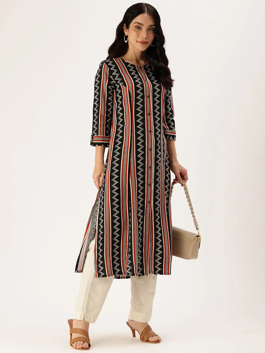 Black Striped Roll-Up Sleeves Straight Kurta