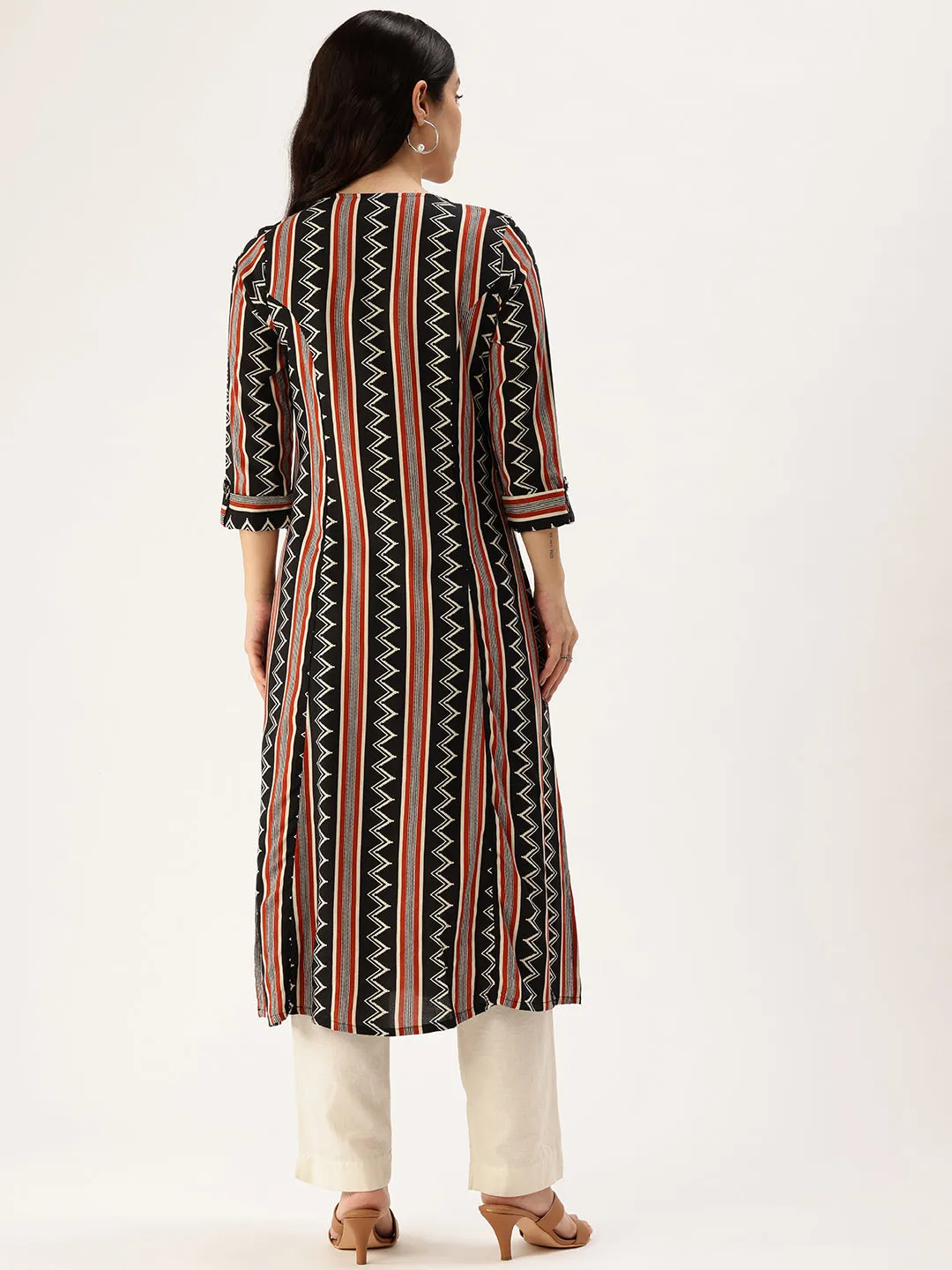 Black Striped Roll-Up Sleeves Straight Kurta