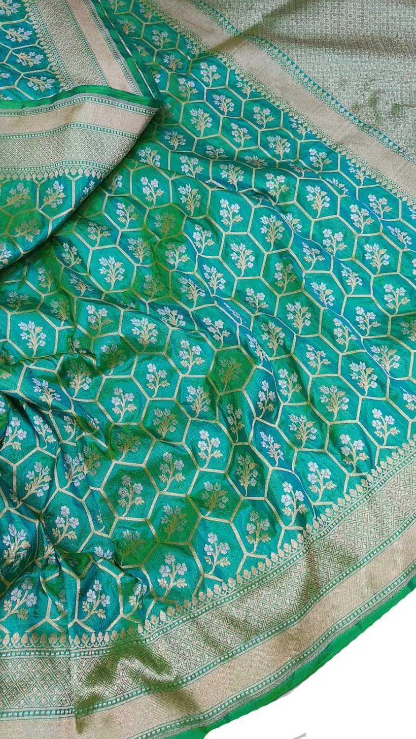 Blue And Green Shot Banarasi Handloom Pure Katan Silk Sona Roopa Saree