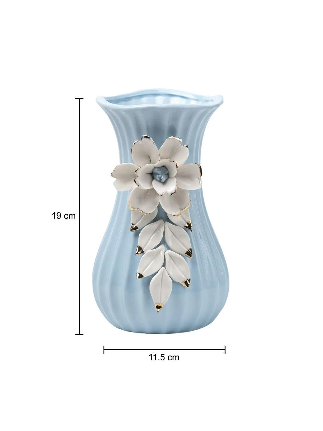 Blue Ceramic Curvy Vase - Engraved Floral Pattern, Flower Holder