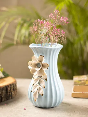 Blue Ceramic Curvy Vase - Engraved Floral Pattern, Flower Holder