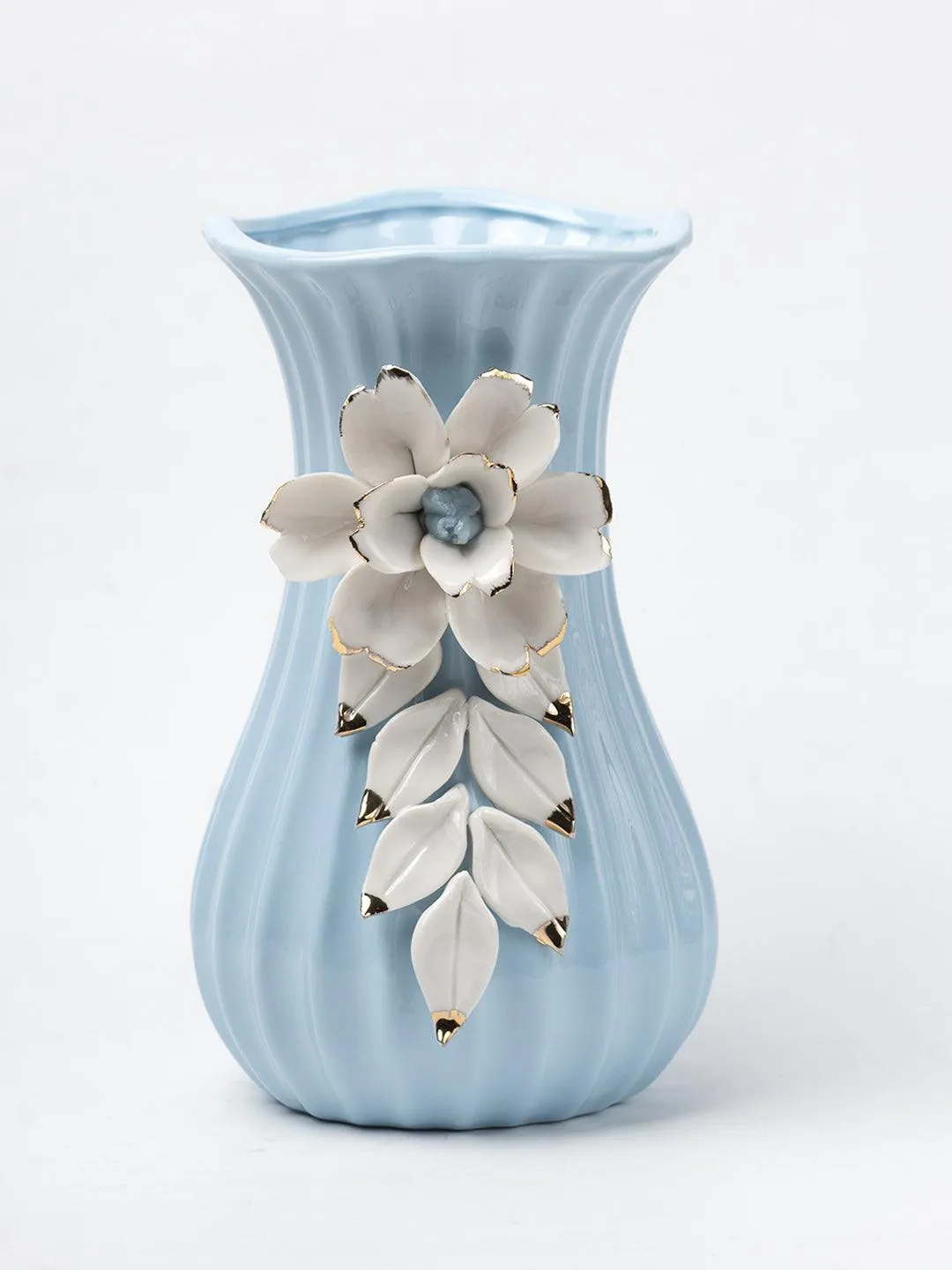 Blue Ceramic Curvy Vase - Engraved Floral Pattern, Flower Holder