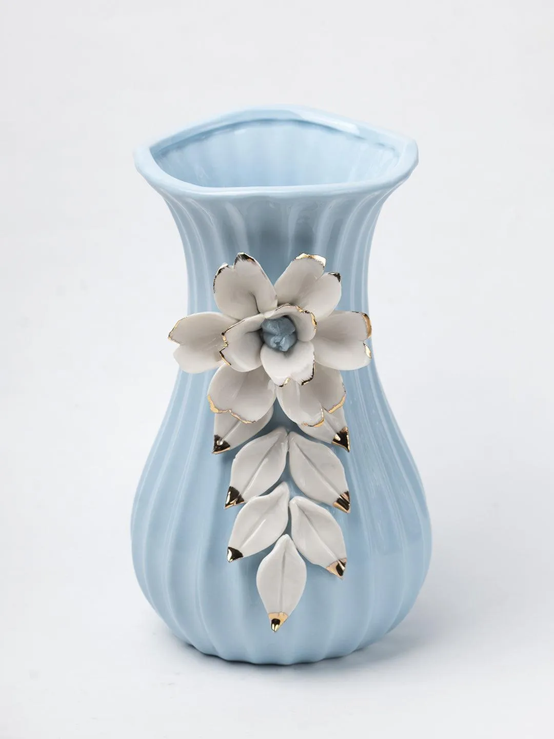 Blue Ceramic Curvy Vase - Engraved Floral Pattern, Flower Holder