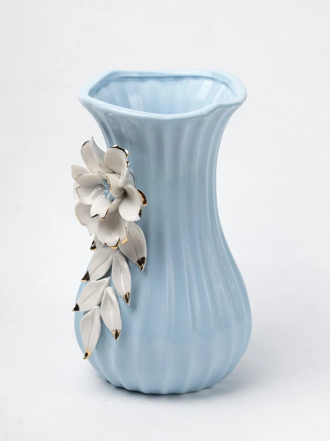 Blue Ceramic Curvy Vase - Engraved Floral Pattern, Flower Holder