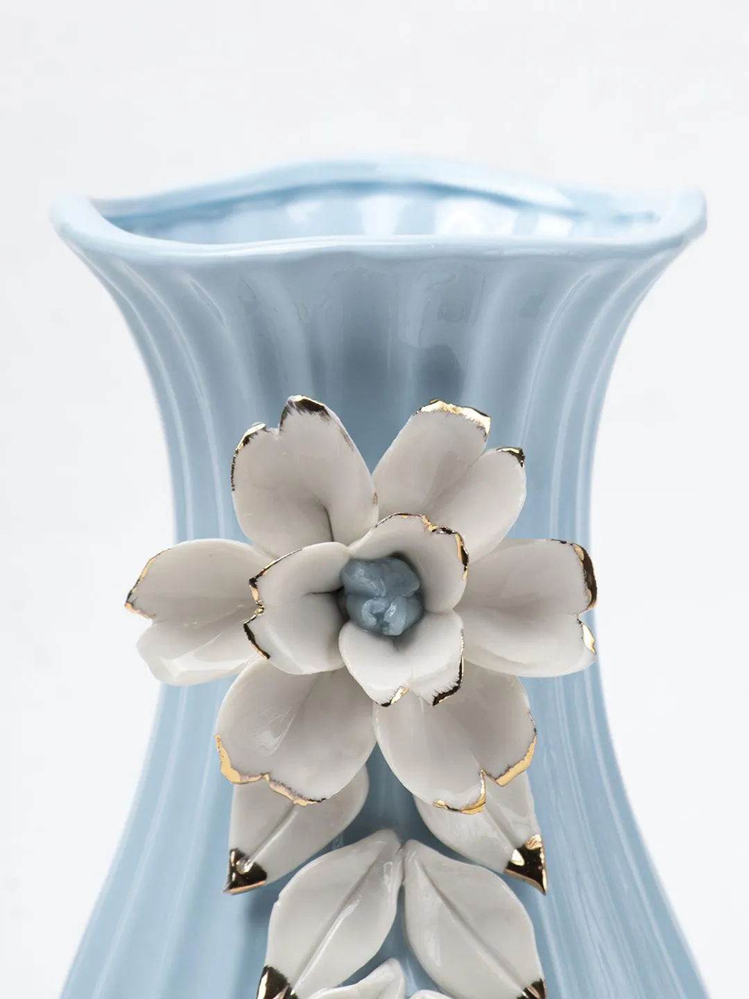 Blue Ceramic Curvy Vase - Engraved Floral Pattern, Flower Holder