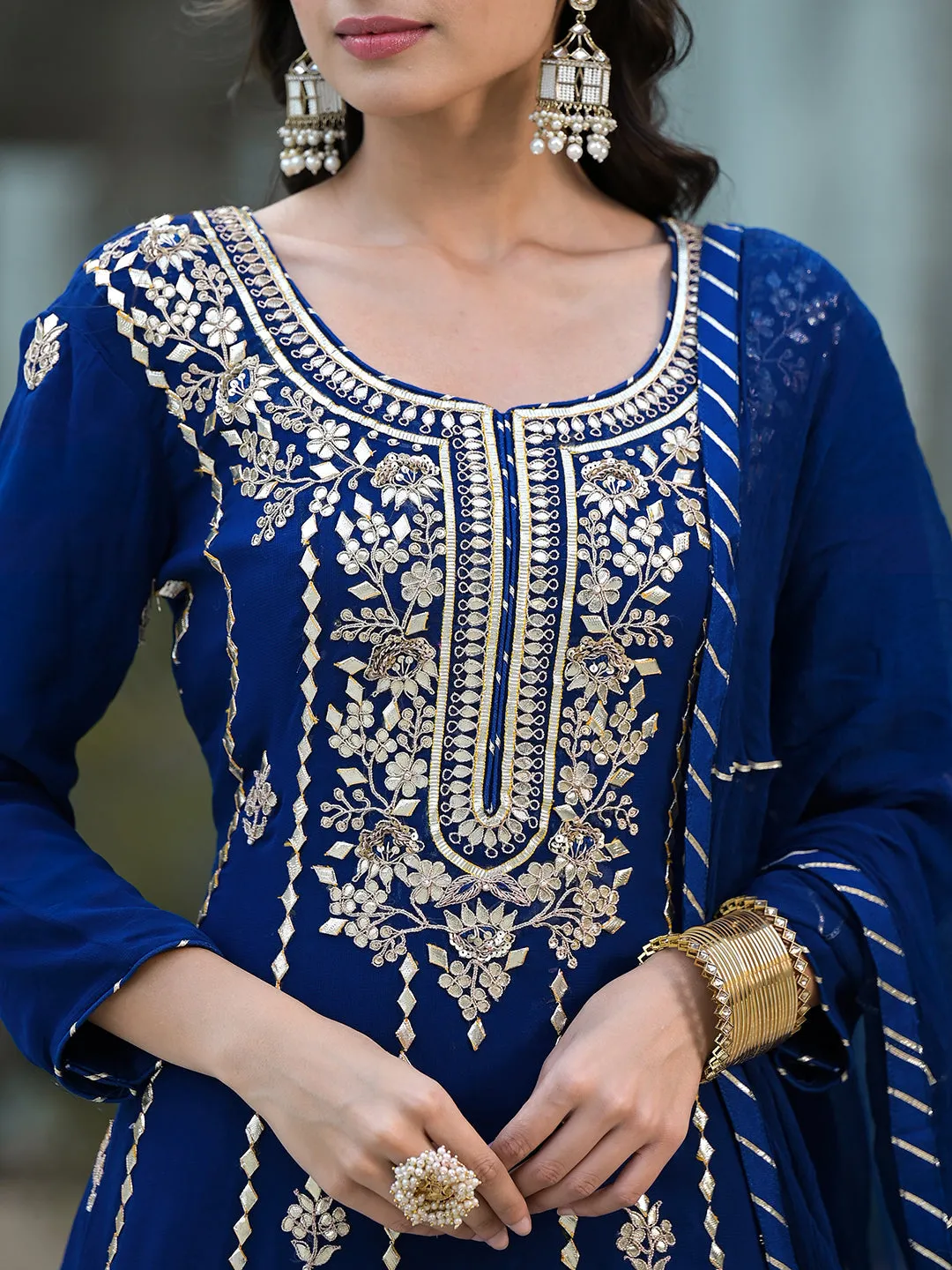 Blue Gota Patii work Georgette Long Kurta with Shantoon Lining with Dupatta