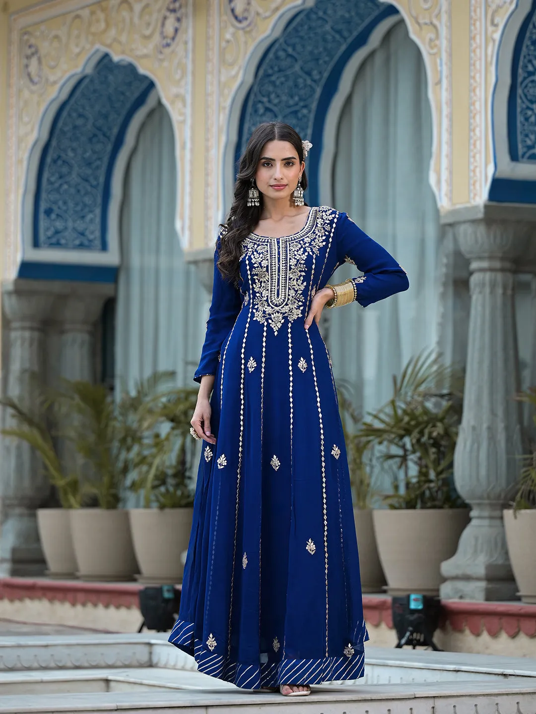 Blue Gota Patii work Georgette Long Kurta with Shantoon Lining with Dupatta