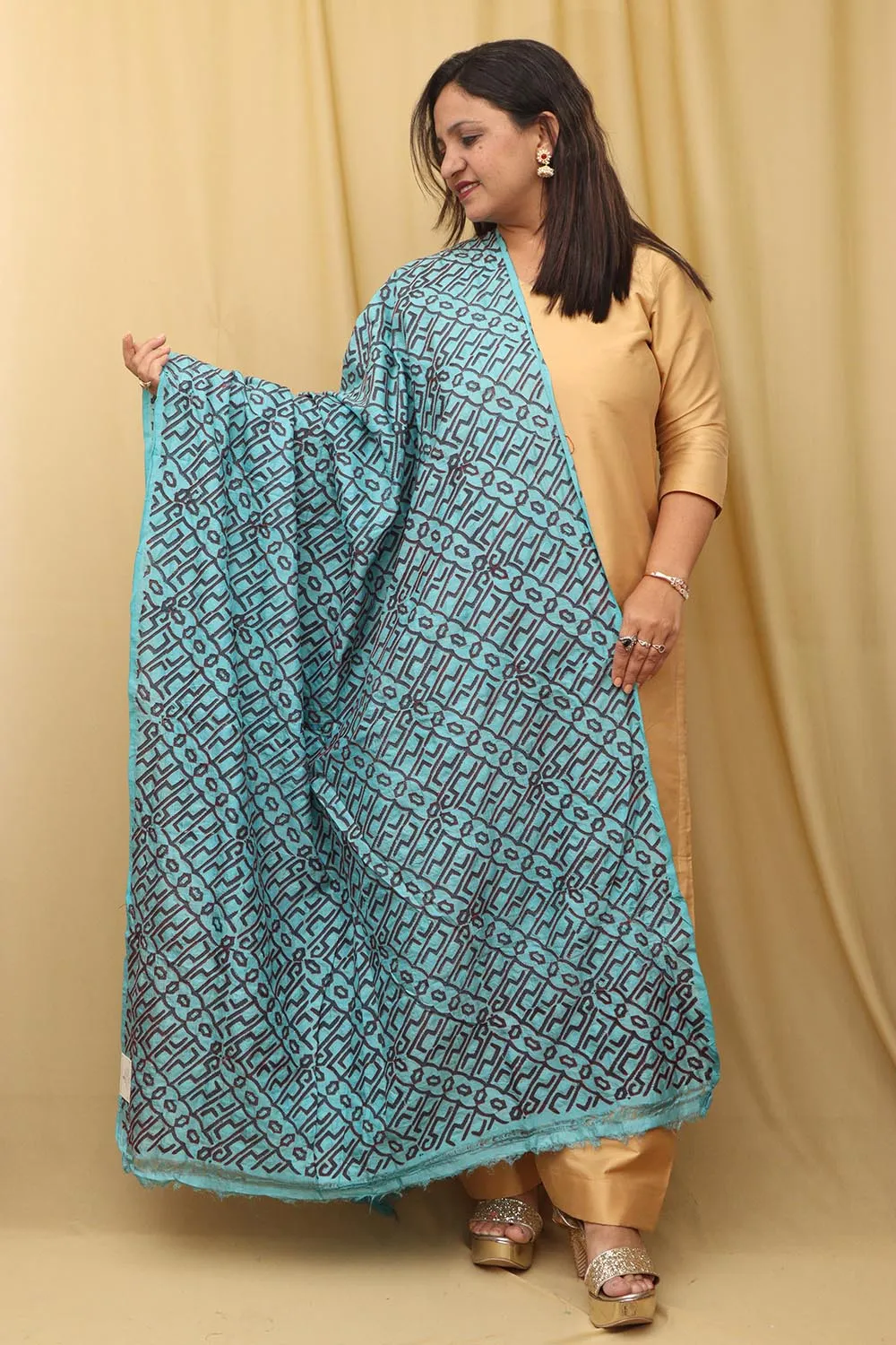 Blue Hand Embroidered Kantha Block Printed Tussar Silk Dupatta