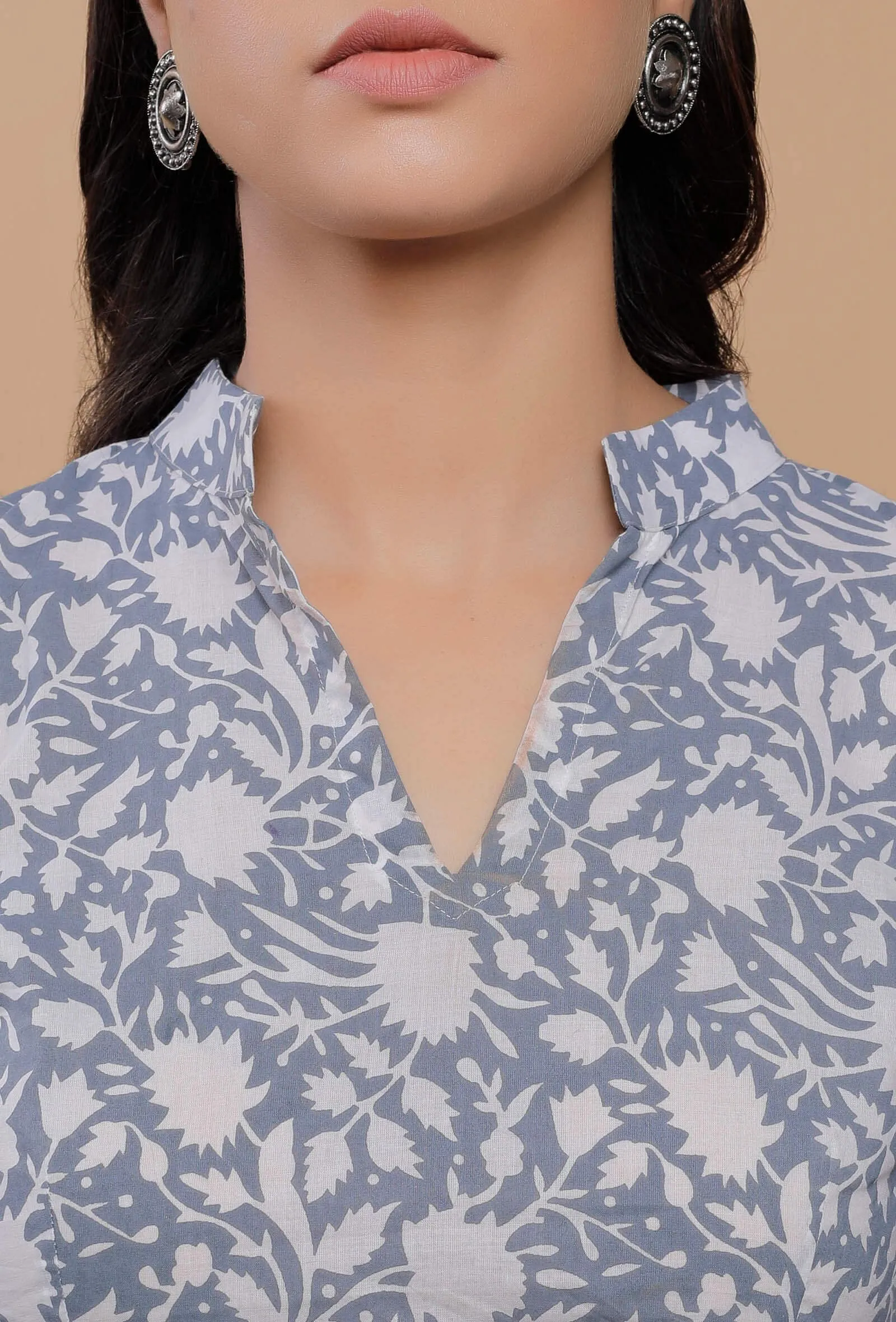 Blue Handblock Printed Cotton V Neck Line With Stand Collar Blouse