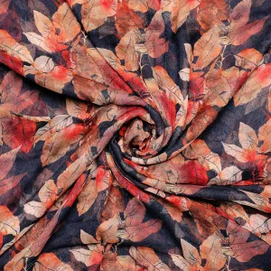 Blue Leaves Printed Pure Chiffon Fabric