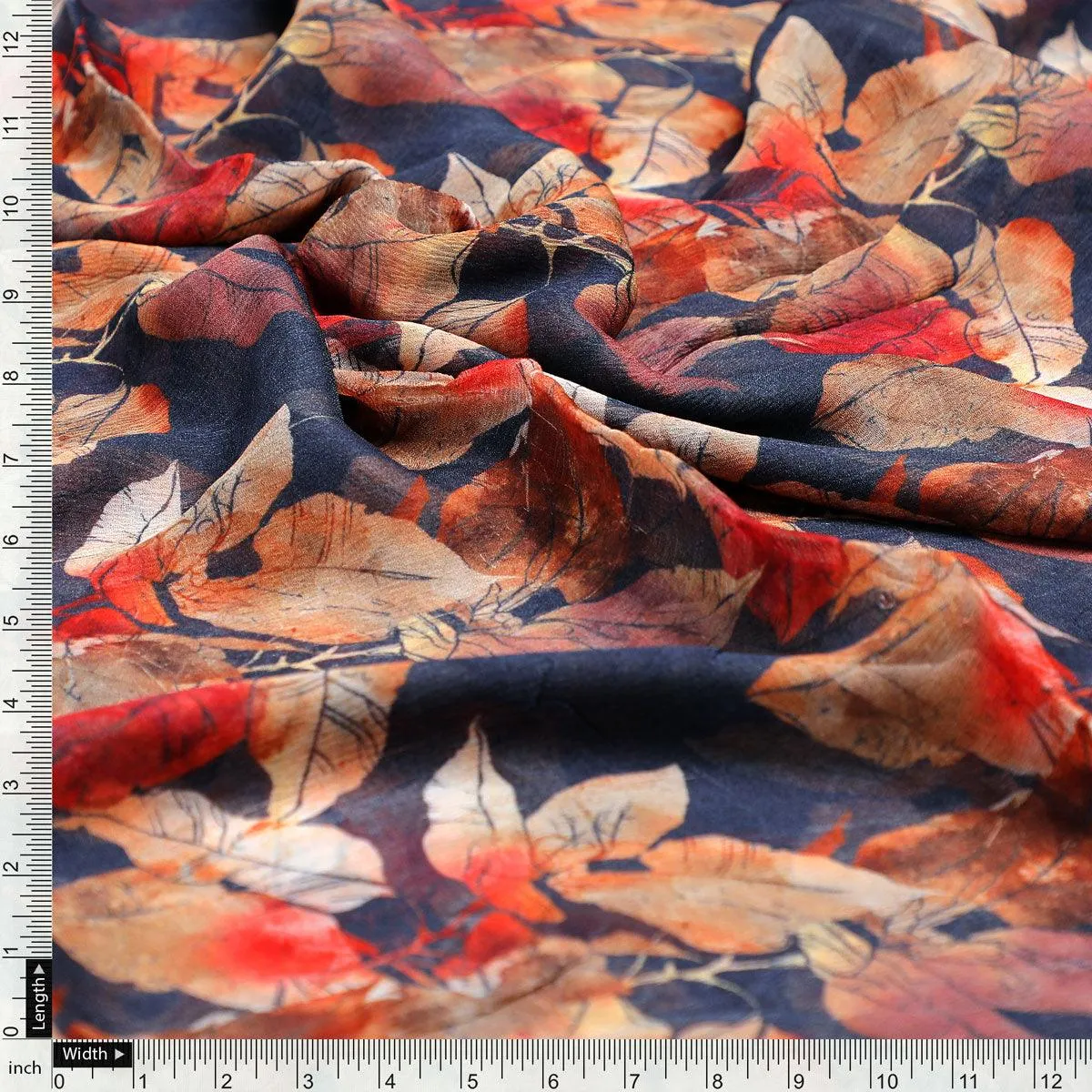 Blue Leaves Printed Pure Chiffon Fabric