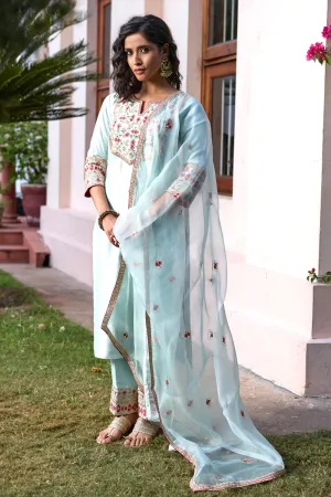 Blue Pink Hand Embroidered Silk Kurta Set