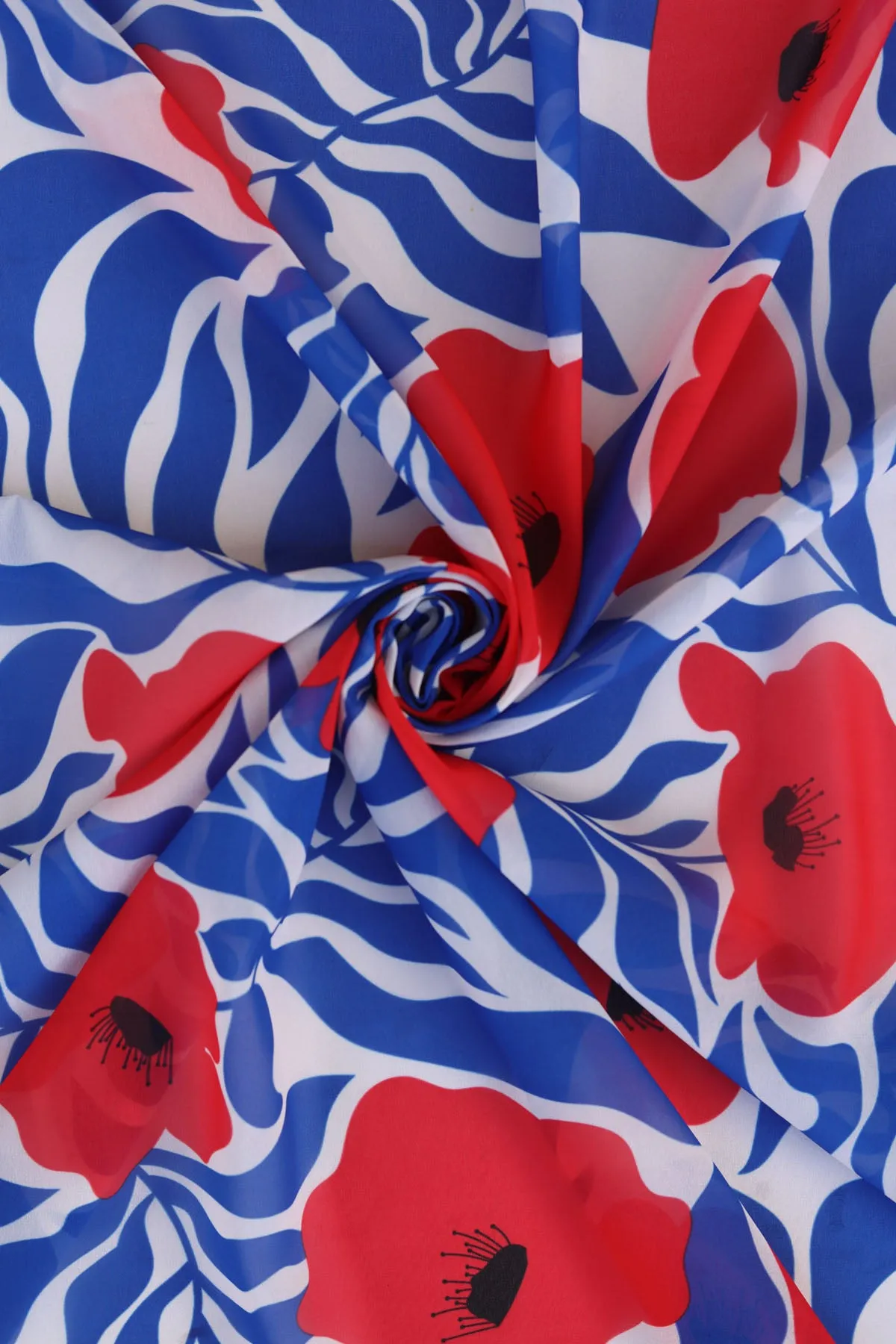 Blue Red Floral Pattern Printed Georgette Fabric