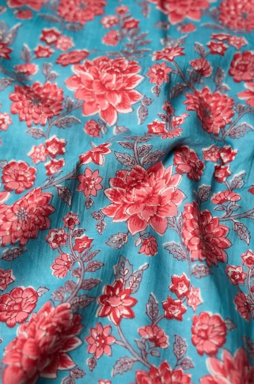 Blue Red Floral Pattern Printed Summer Pure Cotton Fabric