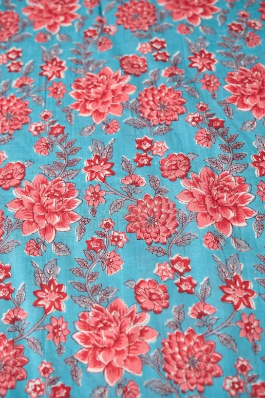 Blue Red Floral Pattern Printed Summer Pure Cotton Fabric