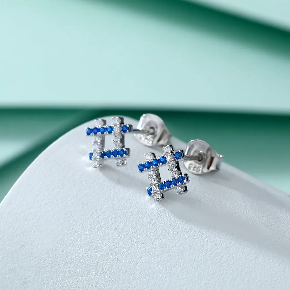 Blue Zircon Quadrilateral Square Silver Studs Earrings for Women