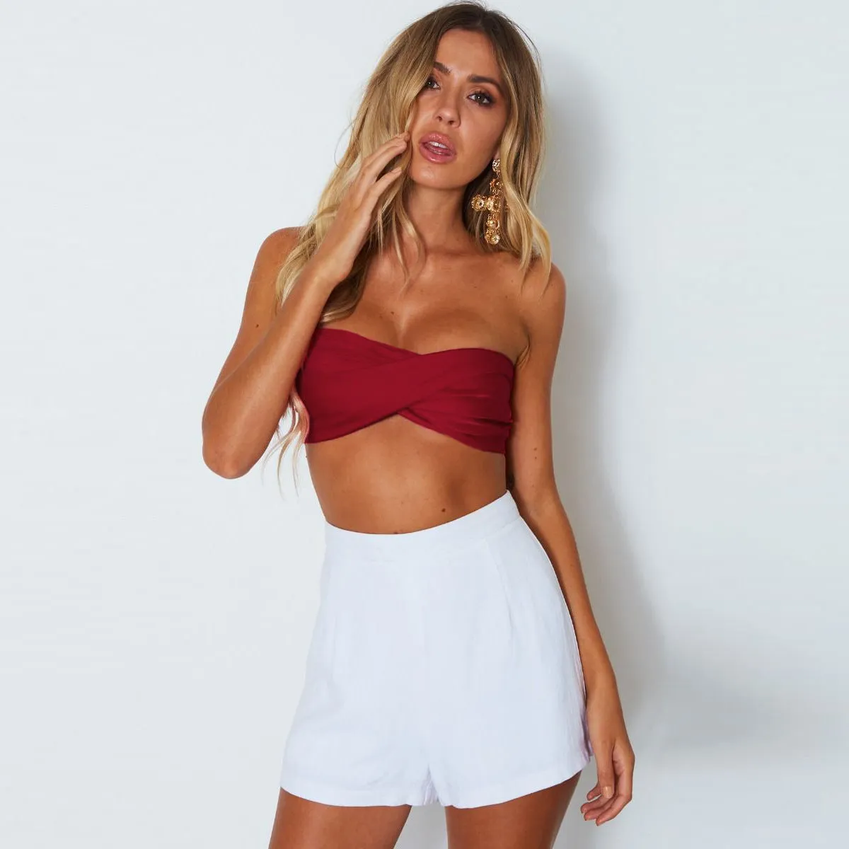 Bow Off Shoulder Pure Color Crop Top