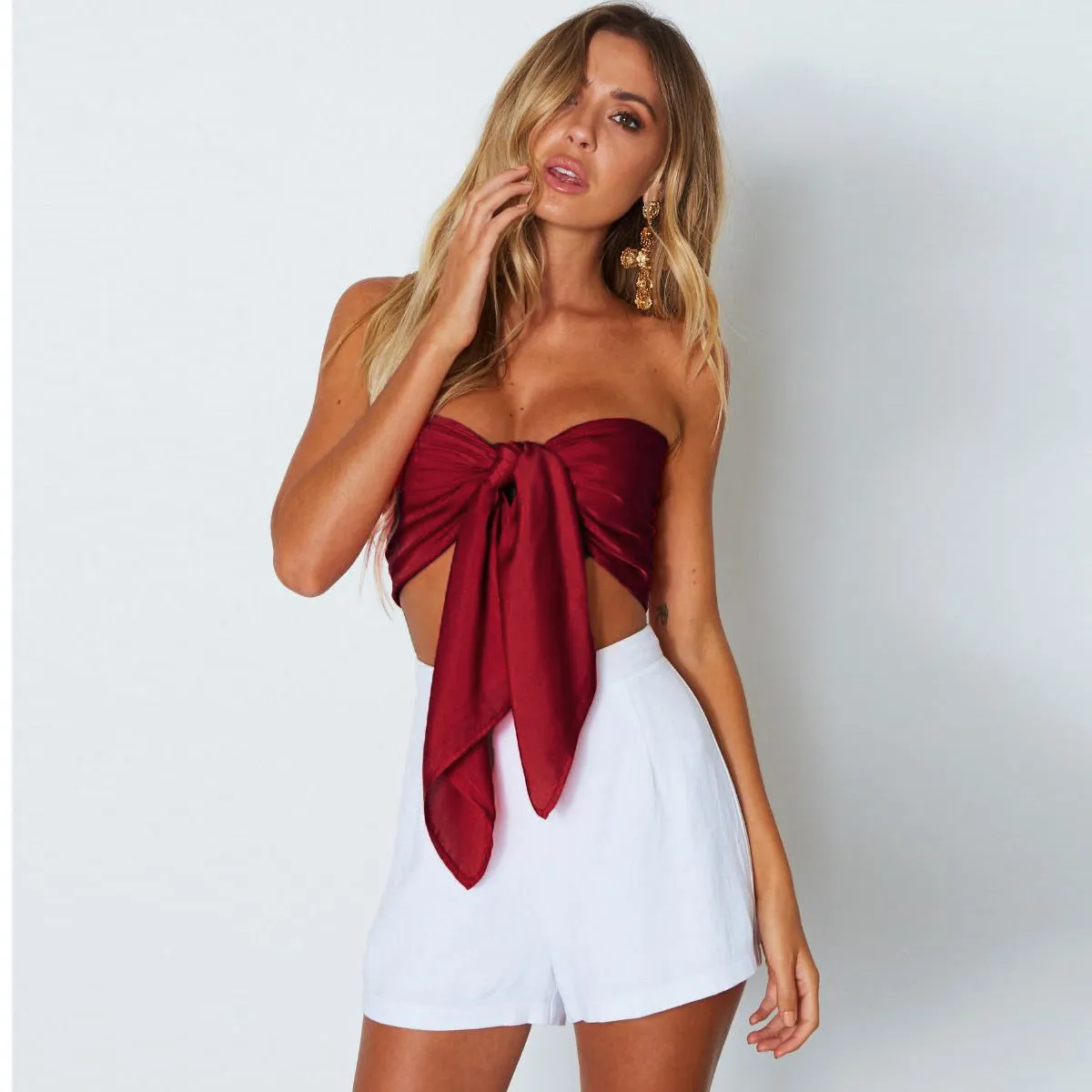 Bow Off Shoulder Pure Color Crop Top