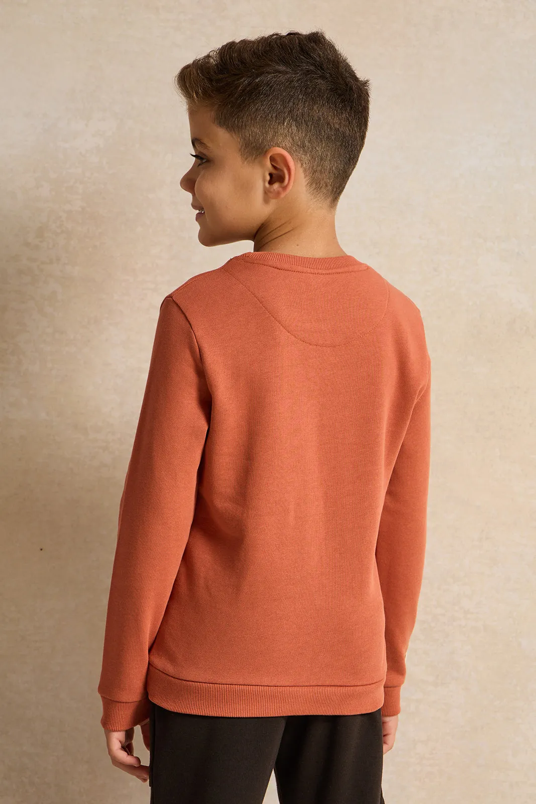 Boys Orange Crew Neck Printed  Sweatshirt