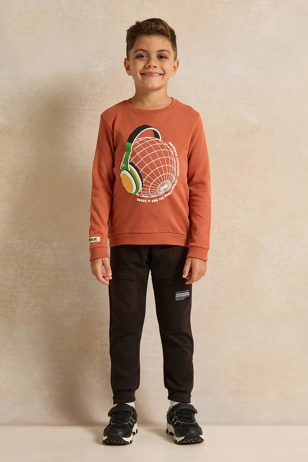 Boys Orange Crew Neck Printed  Sweatshirt