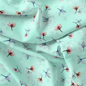 Brown Floating Flower On Rama Green Digital Printed Fabric  - Pure Georgette