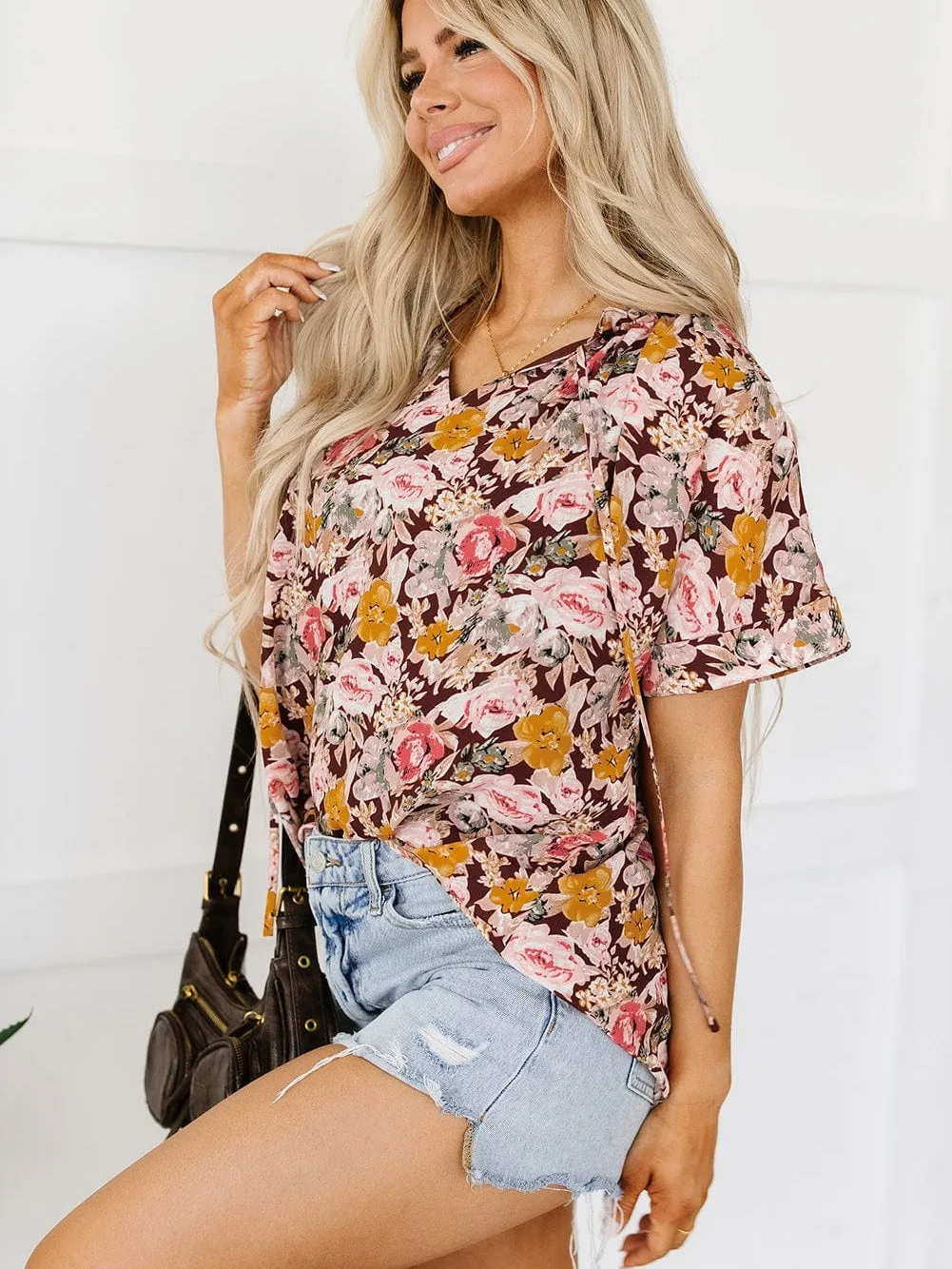 Brown Floral Split Neck Blouse