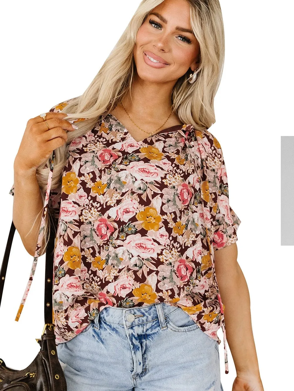 Brown Floral Split Neck Blouse