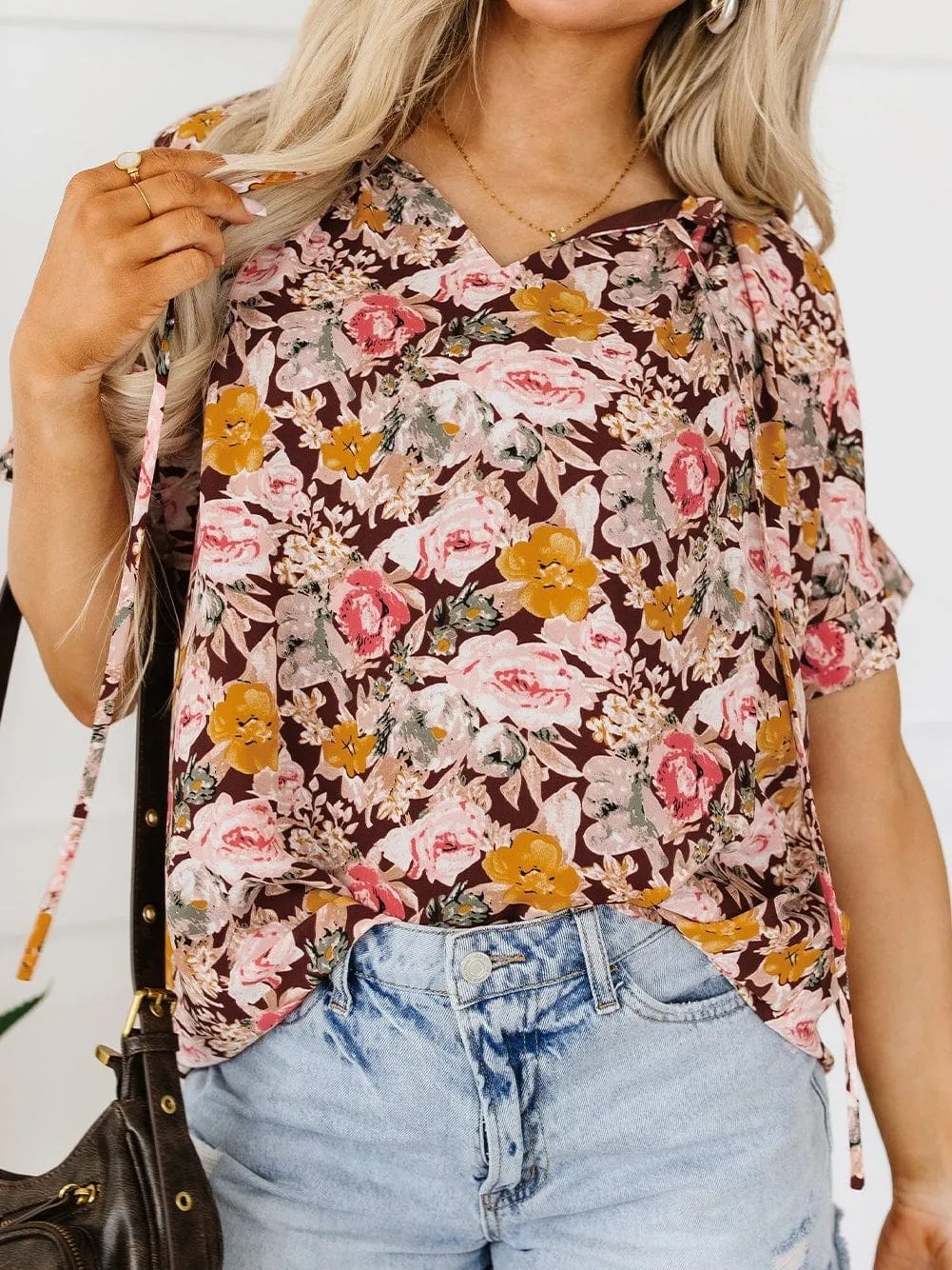 Brown Floral Split Neck Blouse