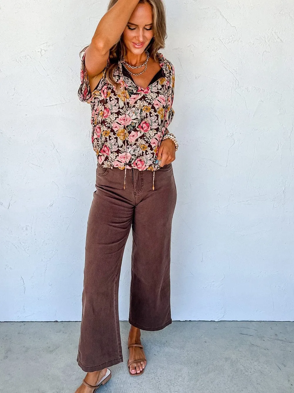 Brown Floral Split Neck Blouse