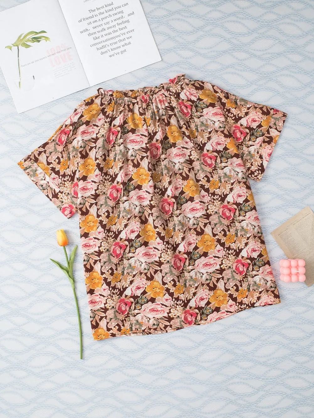 Brown Floral Split Neck Blouse