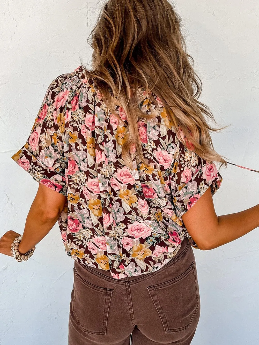 Brown Floral Split Neck Blouse