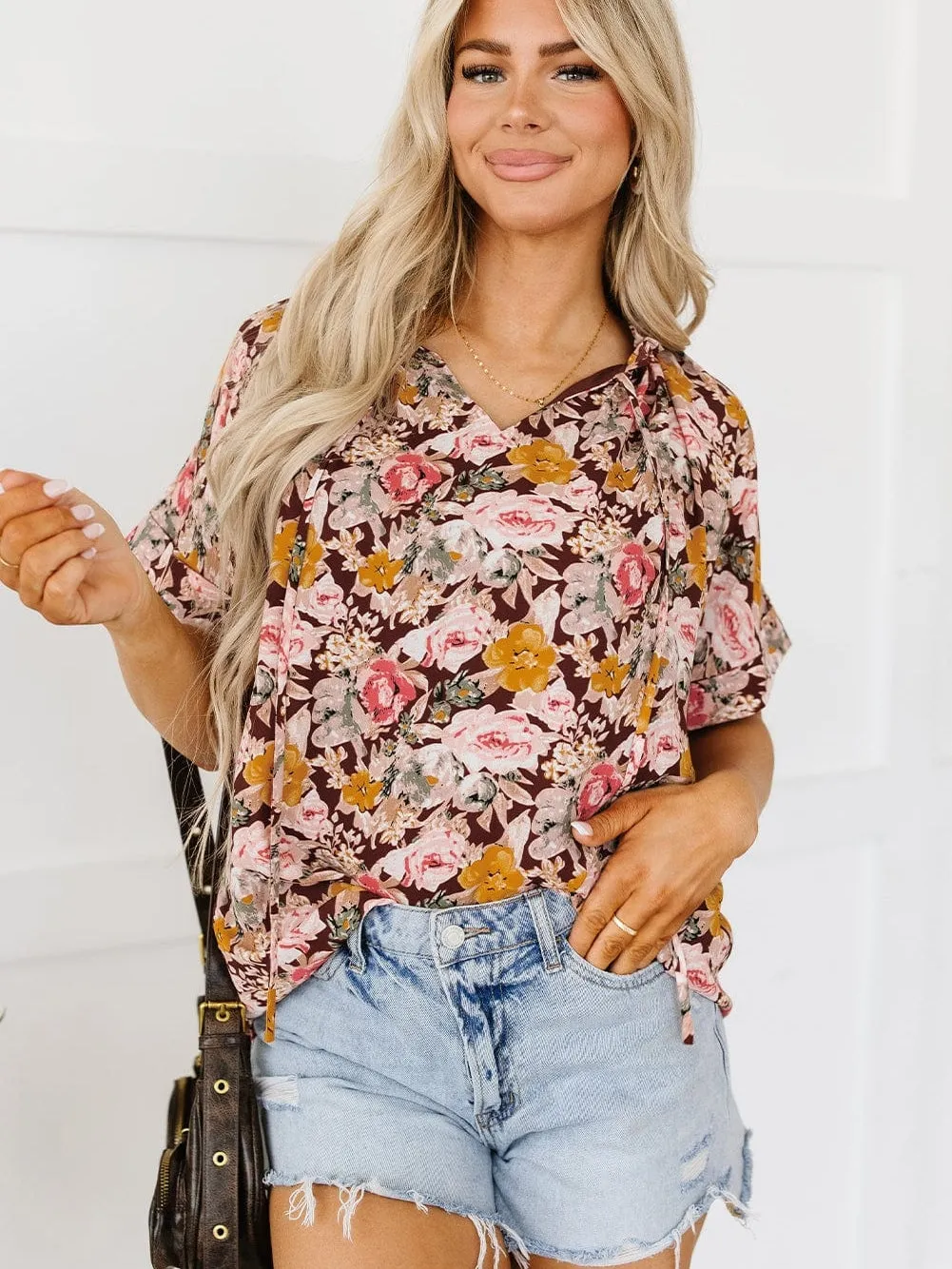 Brown Floral Split Neck Blouse