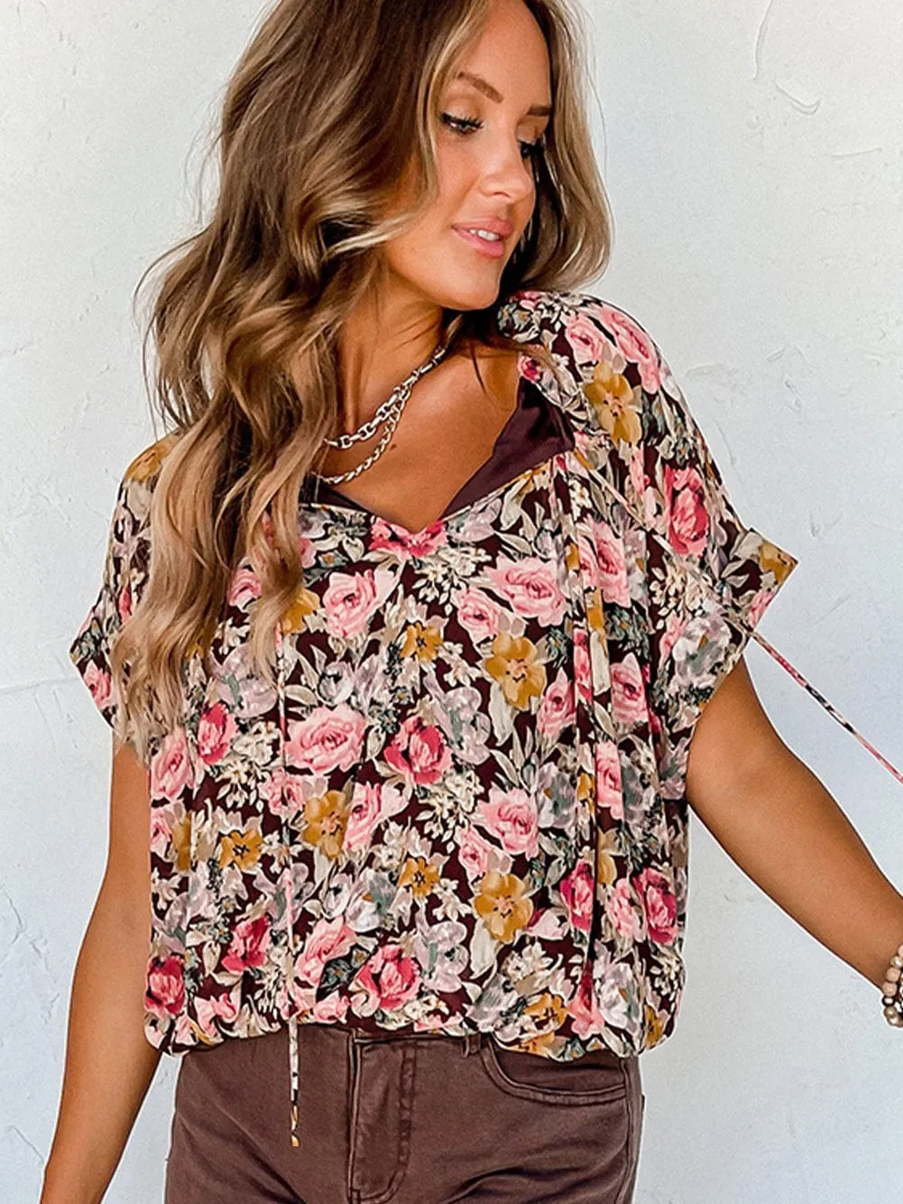 Brown Floral Split Neck Blouse