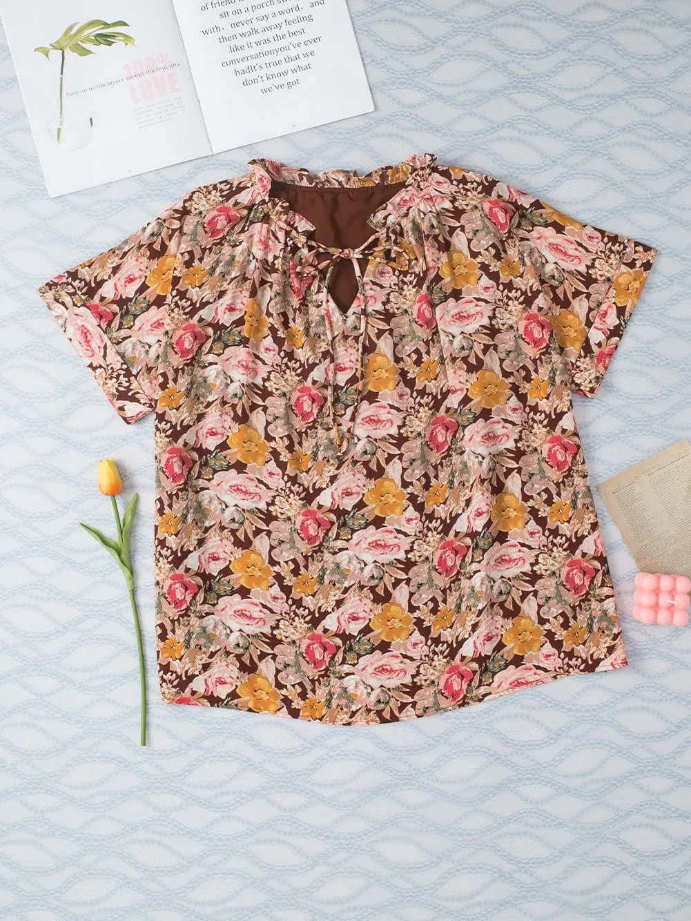 Brown Floral Split Neck Blouse