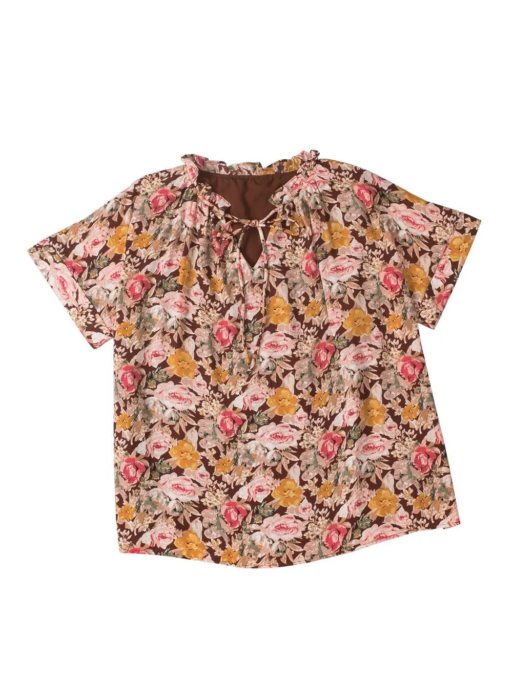 Brown Floral Split Neck Blouse