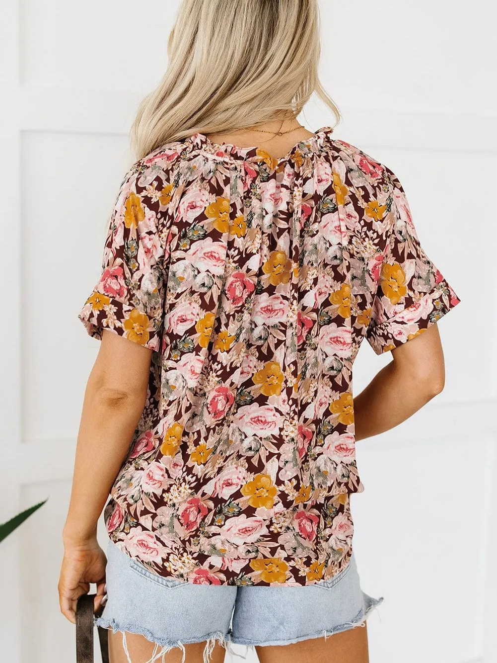 Brown Floral Split Neck Blouse