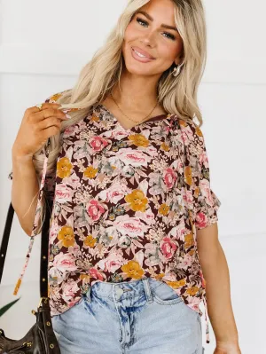 Brown Floral Split Neck Blouse