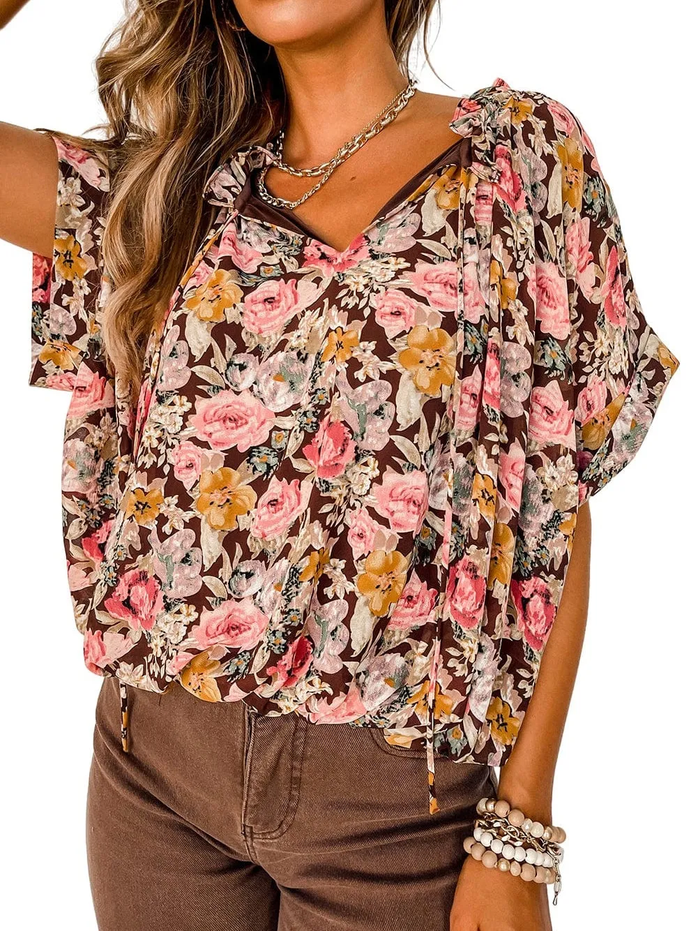 Brown Floral Split Neck Blouse