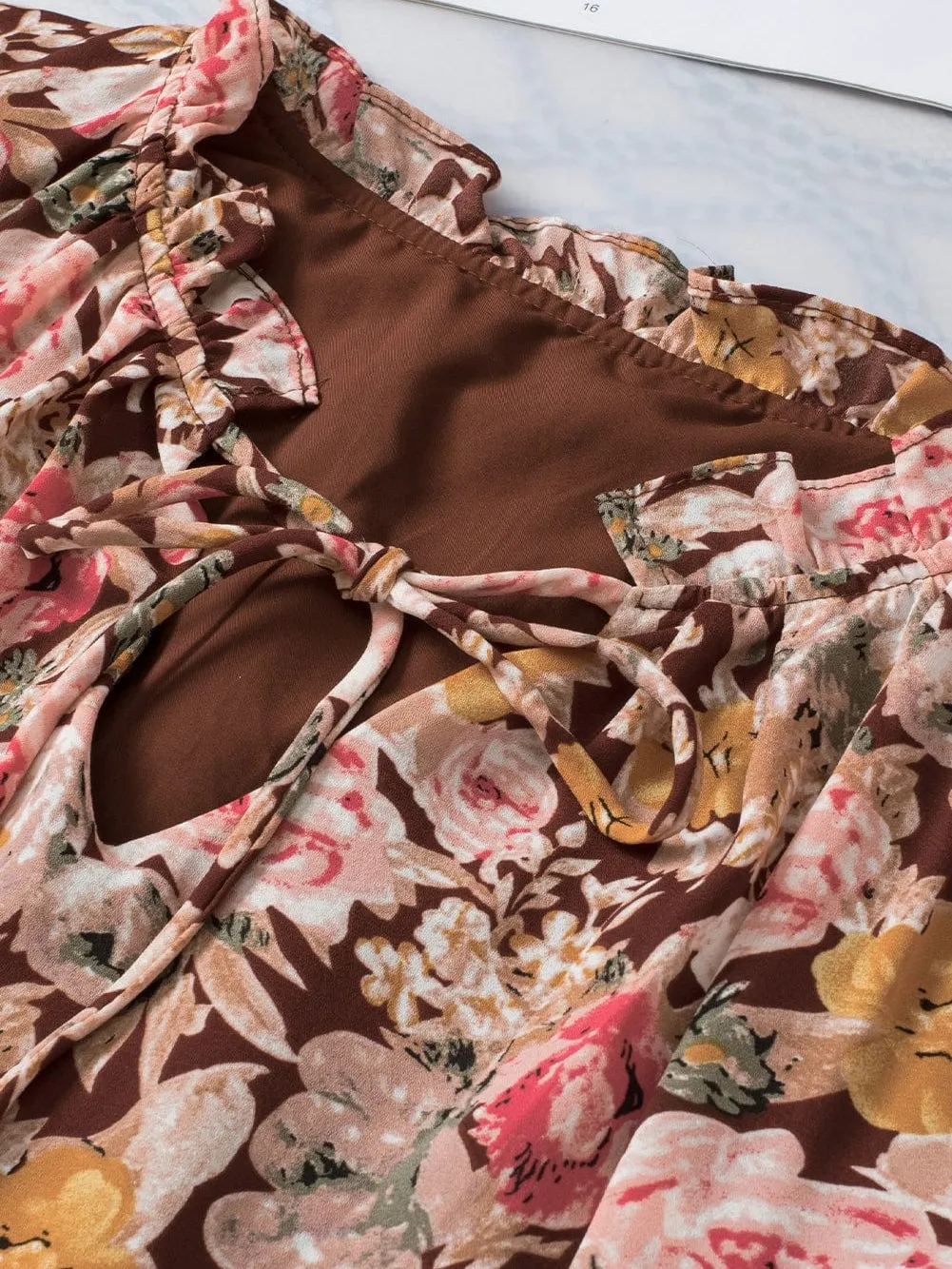 Brown Floral Split Neck Blouse