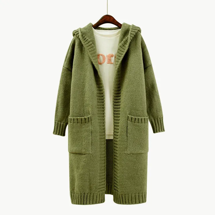 Candy Color Pockets Long Hooded Cardigan