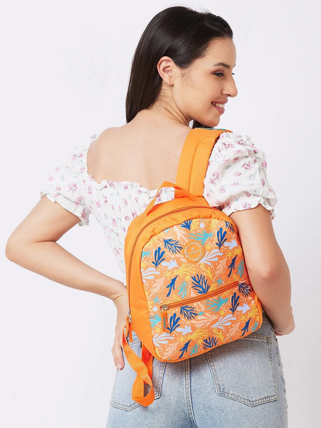 Caprese Xenia Backpack Small Orange Printed