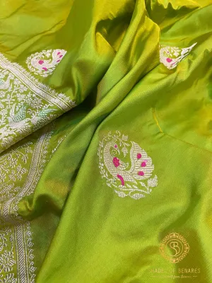 Charming Green Kadhwa Handloom Shikargaah Pure Silk Banarasi Sari