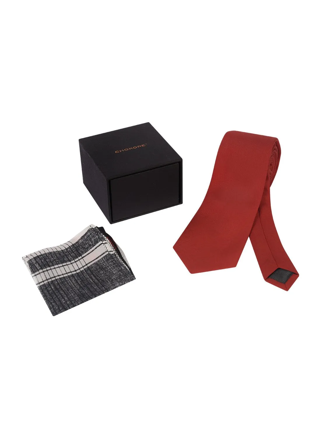 Chokore Red color Plain Silk Tie & Four-in-one Black & Red pure silk pocket square set