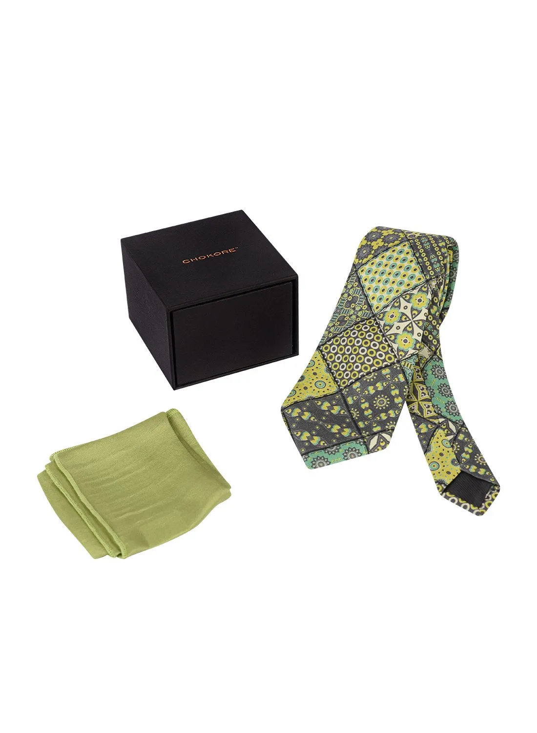 Chokore Yellow & Light Green Silk Tie - Indian At Heart range & Plain Mehandi Green color Silk Pocket Square set