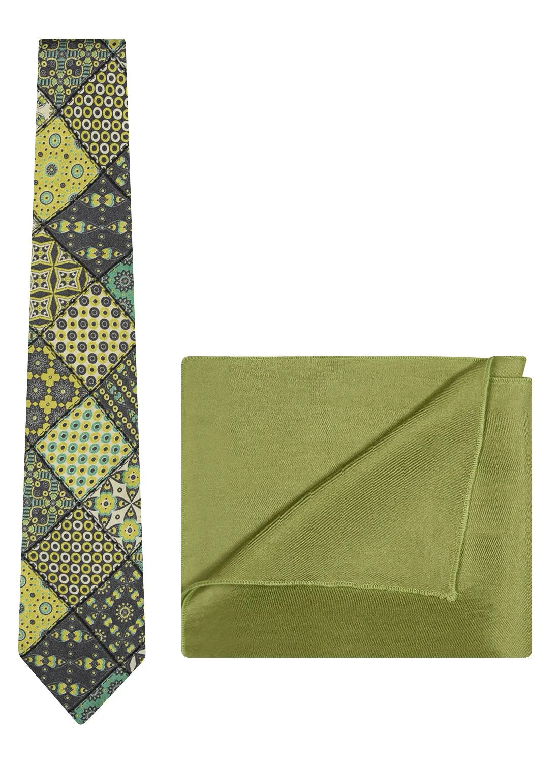 Chokore Yellow & Light Green Silk Tie - Indian At Heart range & Plain Mehandi Green color Silk Pocket Square set