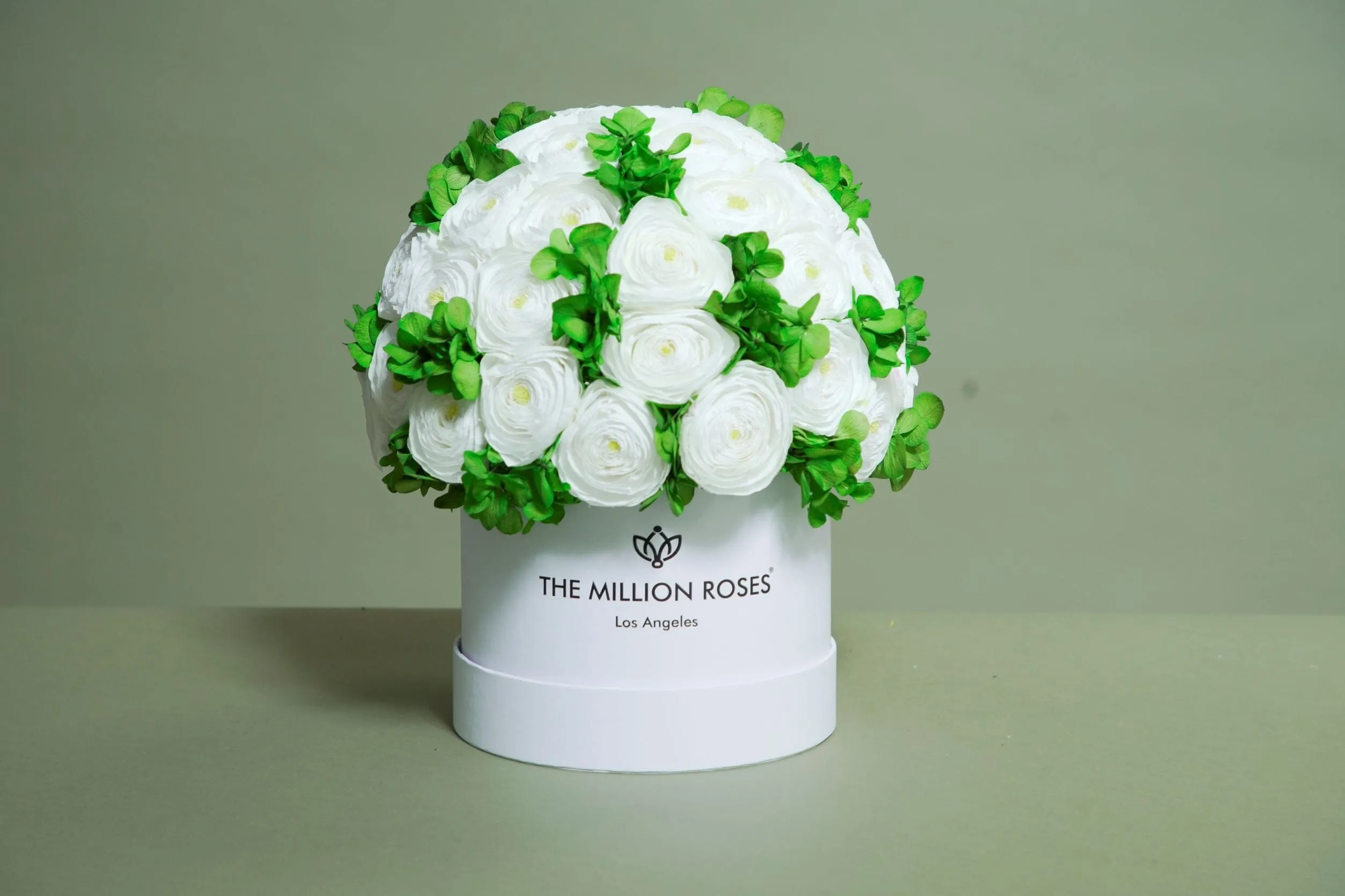 Classic Mint Green Suede Box | White Persian Buttercups & Green Hydrangeas