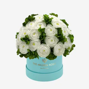 Classic Mint Green Suede Box | White Persian Buttercups & Green Hydrangeas